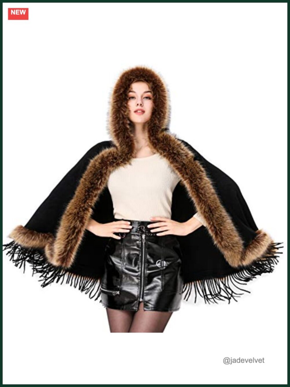 Faux Fur Hooded Cape Wrap Shawl Bridal Wedding Tassel Knit One Size